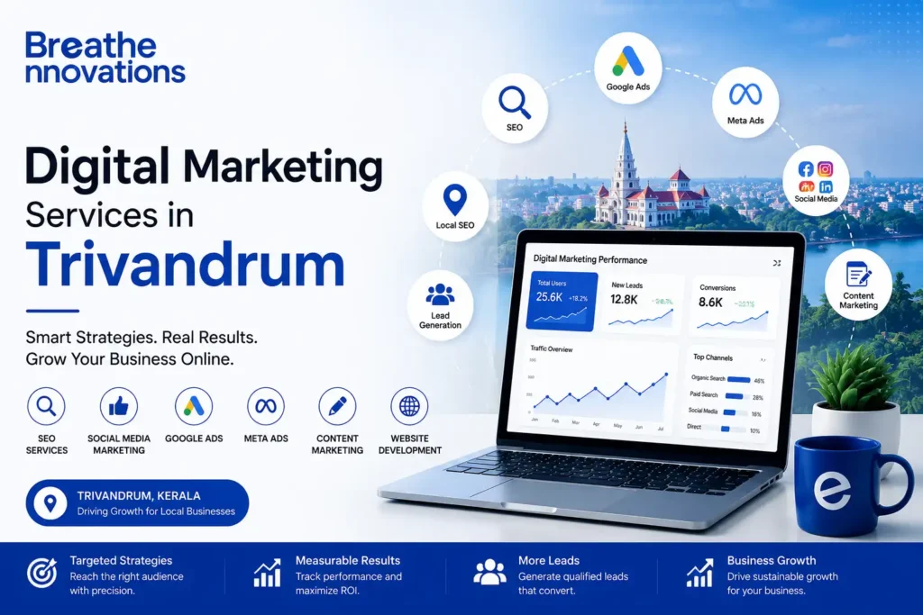 Digital Marketing Services in Trivandrum by Breathe Innovations featuring SEO, Social Media Marketing, Google Ads, Meta Ads, Content Marketing, Website Development, and Local SEO.
