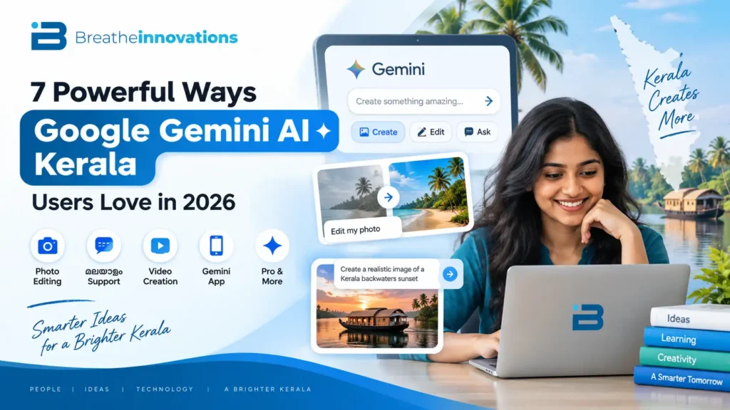 Google Gemini AI Kerala blog banner featuring Breathe Innovations logo, Gemini AI interface, photo editing, Malayalam support, video creation, and Kerala backwaters.