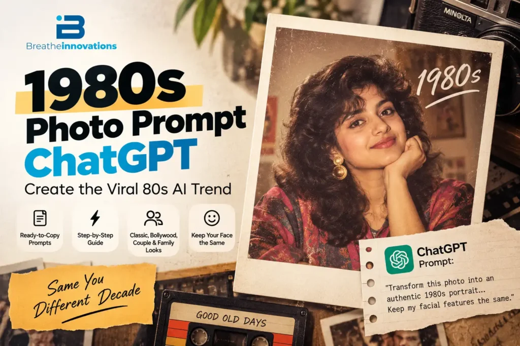 Breathe Innovations 1980s Photo Prompt ChatGPT blog banner showing a retro AI-generated portrait, ready-to-copy prompts, and vintage 80s photography elements.