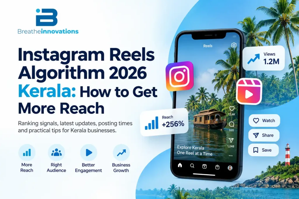 Instagram Reels Algorithm 2026 Kerala guide showing creative content, Reels reach, engagement and digital marketing strategies for Kerala businesses.