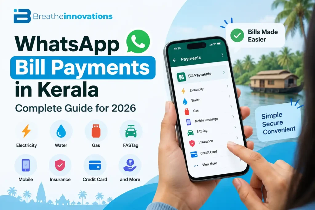 WhatsApp Bill Payments in Kerala 2026 showing supported electricity, water, gas, FASTag, insurance, credit card, loan and telecom bill payment options.