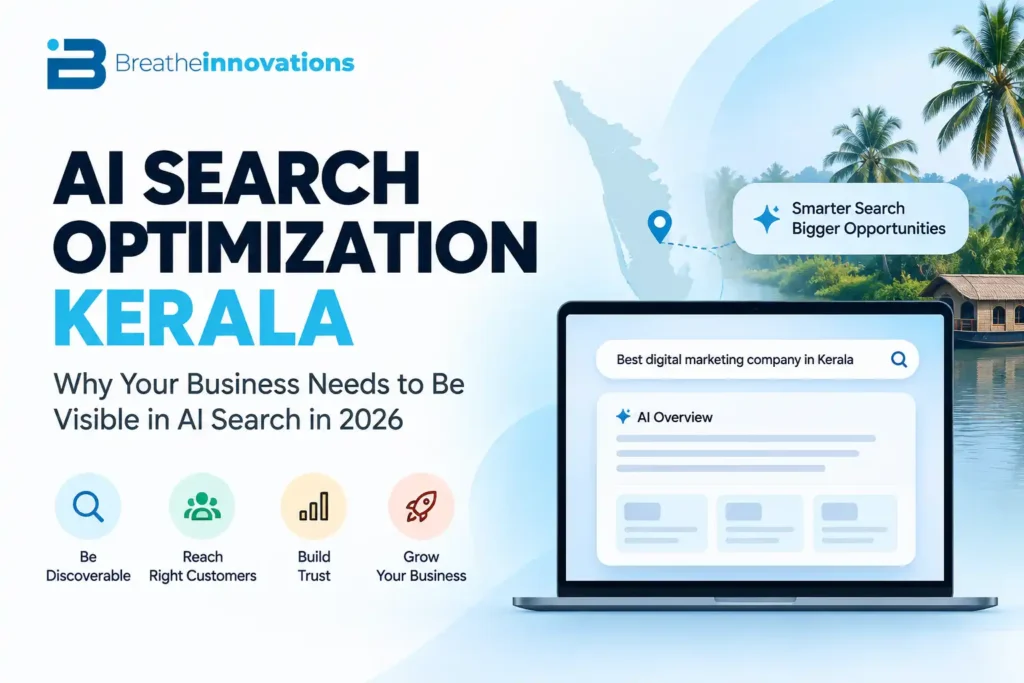 Breathe Innovations AI Search Optimization Kerala 2026 blog banner showing AI-powered search, Kerala map, business visibility, and digital marketing growth.