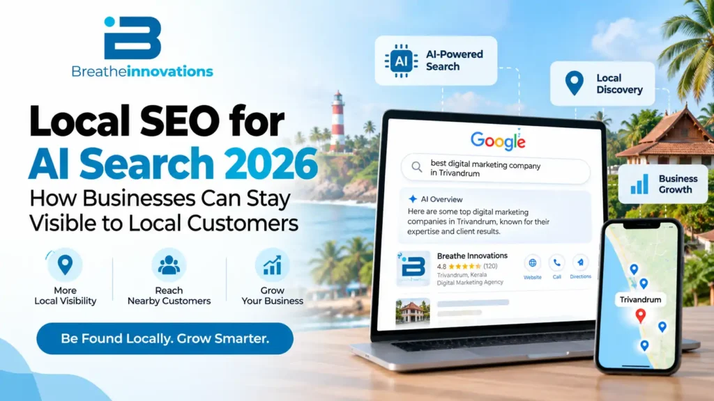 Breathe Innovations Local SEO for AI Search 2026 banner showing AI-powered local search, Kerala business visibility, Google search results, Trivandrum location and business growth.