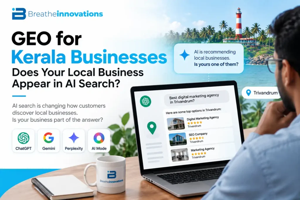 GEO for Kerala Businesses banner showing AI search visibility, local business recommendations, Kerala map and digital marketing