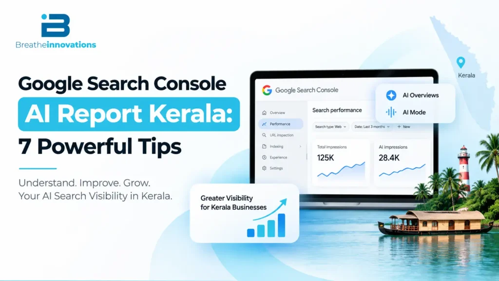 Google Search Console AI Report Kerala guide with Breathe Innovations branding, AI search visibility dashboard, and Kerala map illustration.