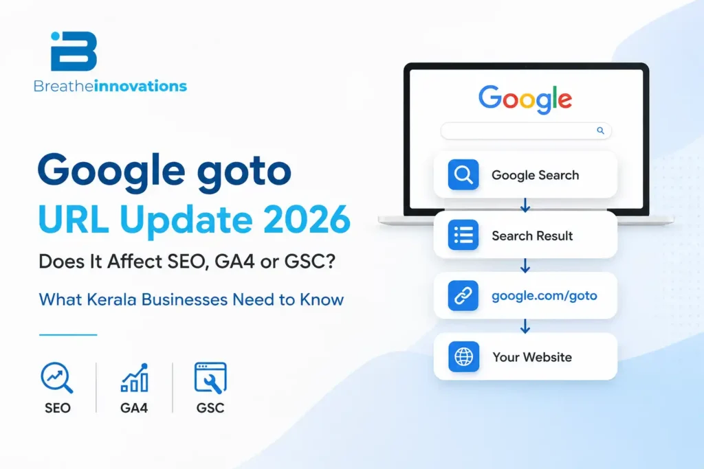 Google goto URL update 2026 showing the Search result redirect flow from Google Search to a website, with SEO, GA4 and GSC.
